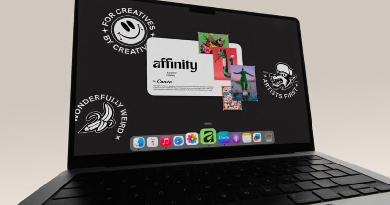 A laptop displaying a screen with various colorful graphic design elements, "affinity by Canva" in the center, and creative-themed stickers on the screen. The Dock with app icons is visible at the bottom.