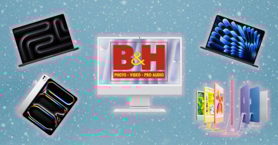 A white desktop computer with a B&H logo on the screen is centered on a blue background with snowflakes. Surrounded are various Apple devices: two laptops, a tablet, and colorful desktop computers.