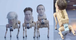 Three robotic dog-like figures with human heads, resembling famous tech and art figures, stand side by side. Another robot faces away, dispensing paper labeled "POOP" from its back.