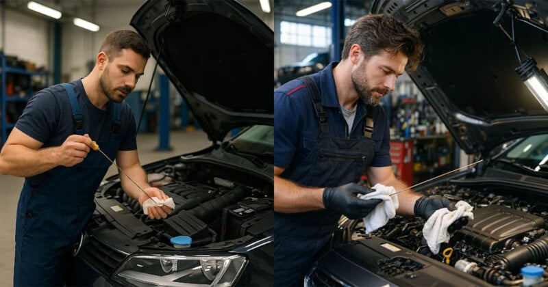 Two mechanics in a garage check the oil in car engines. Each man, wearing overalls, stands by an open hood, wiping a dipstick with a cloth under bright workshop lighting.
