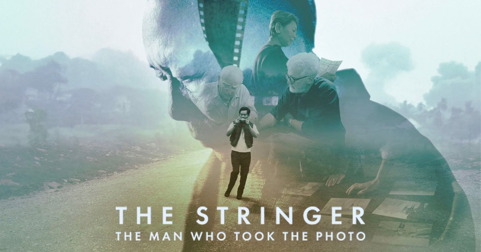 A collage-style movie poster featuring "THE STRINGER: THE MAN WHO TOOK THE PHOTO" with layered images of a photographer, people reviewing photos, and a pensive man, all set against a misty landscape.
