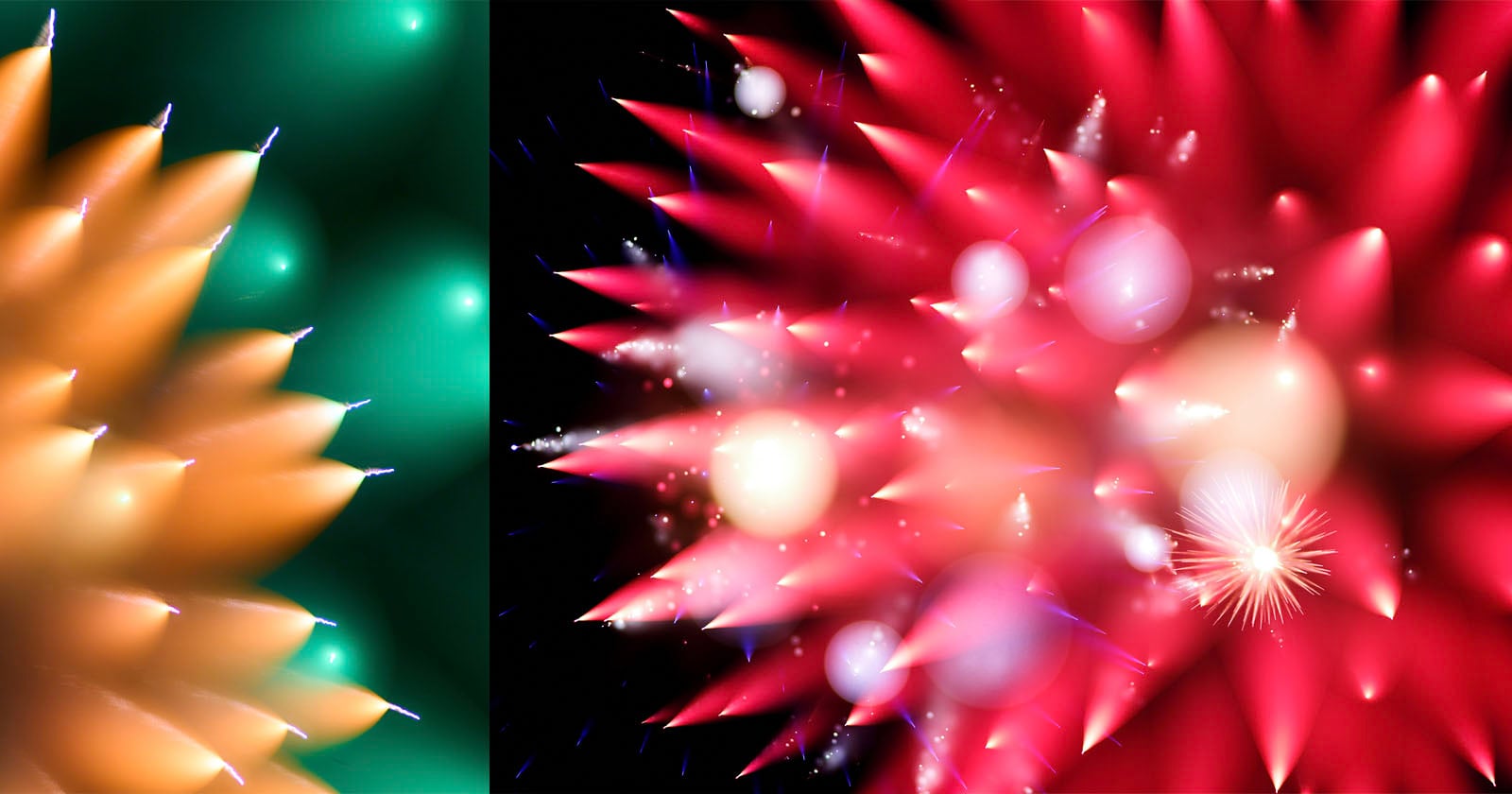 Abstract image featuring spiky, glowing shapes in green and orange on the left, and vibrant red, pink, and white bursts resembling fireworks or starbursts on the right, all set against a dark background.