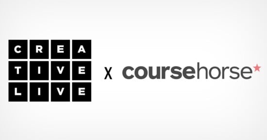 Black square tiles spelling "CREATIVE LIVE" on the left, a black "x" in the center, and the "coursehorse" logo in gray with a pink star on the right, all on a light background.