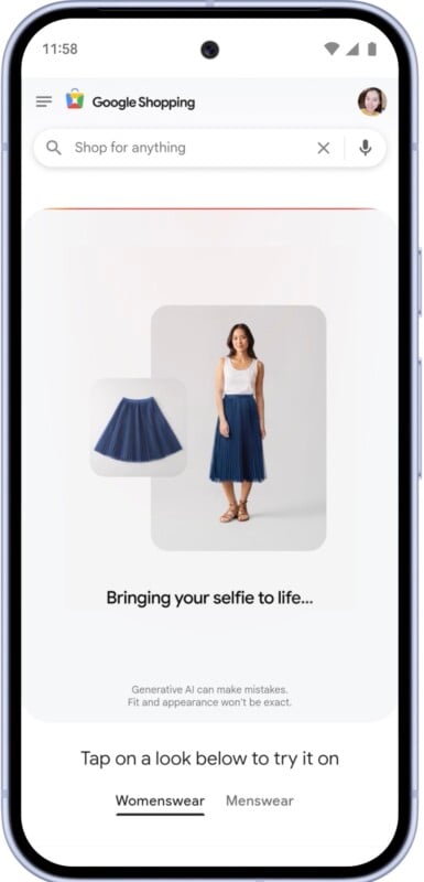A smartphone screen shows Google Shopping with a virtual try-on feature. A woman is shown wearing a blue pleated skirt next to an image of the skirt, with options for "Womenswear" and "Menswear" at the bottom.