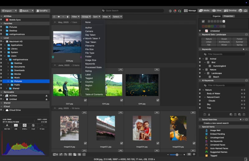 A photo management software window shows a grid of images, folder navigation on the left, metadata on the right, and sorting options at the top. The main image area displays several landscape, city, and portrait photos.