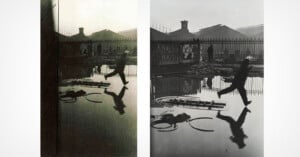 Two black-and-white photos show a person mid-air, leaping over a large puddle by a metal fence. Their reflection appears in the water. Industrial buildings and other figures are visible in the background.