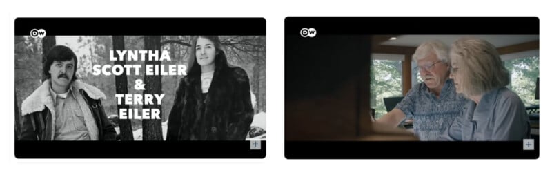 Dos imágenes: la imagen de la izquierda es una fotografía en blanco y negro de un hombre y una mujer al aire libre, con texto. "Linsha Scott Eller y Terry Eller." A la derecha hay una fotografía en color de un hombre y una mujer mayores mirando algo en el interior cerca de una ventana.