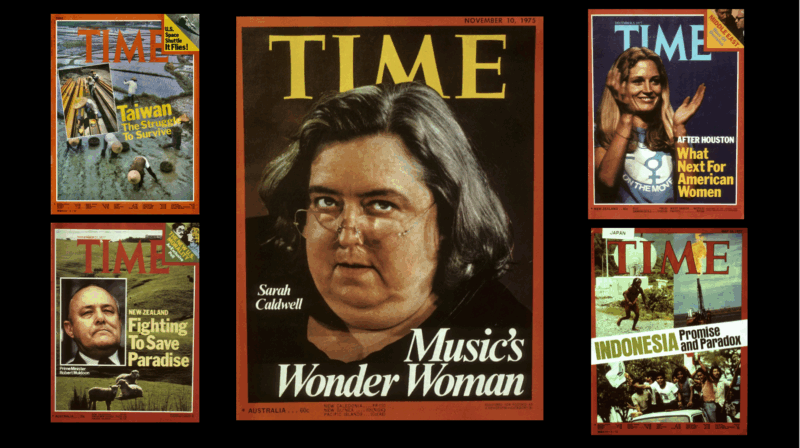 Five vintage TIME magazine covers are displayed. The central cover features Sarah Caldwell with the headline "Music's Wonder Woman." The surrounding covers highlight stories on Taiwan, Houston, New Zealand, and Indonesia.