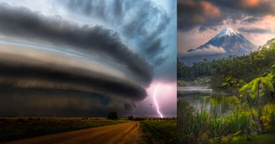 A dramatic, layered thunderstorm with lightning strikes over a rural road on the left; on the right, a serene lake reflects a snow-capped mountain surrounded by lush green forest under a colorful sky.