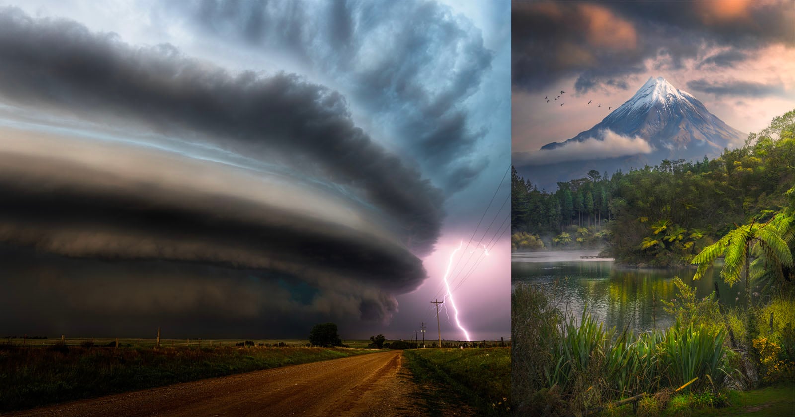 A dramatic, layered thunderstorm with lightning strikes over a rural road on the left; on the right, a serene lake reflects a snow-capped mountain surrounded by lush green forest under a colorful sky.