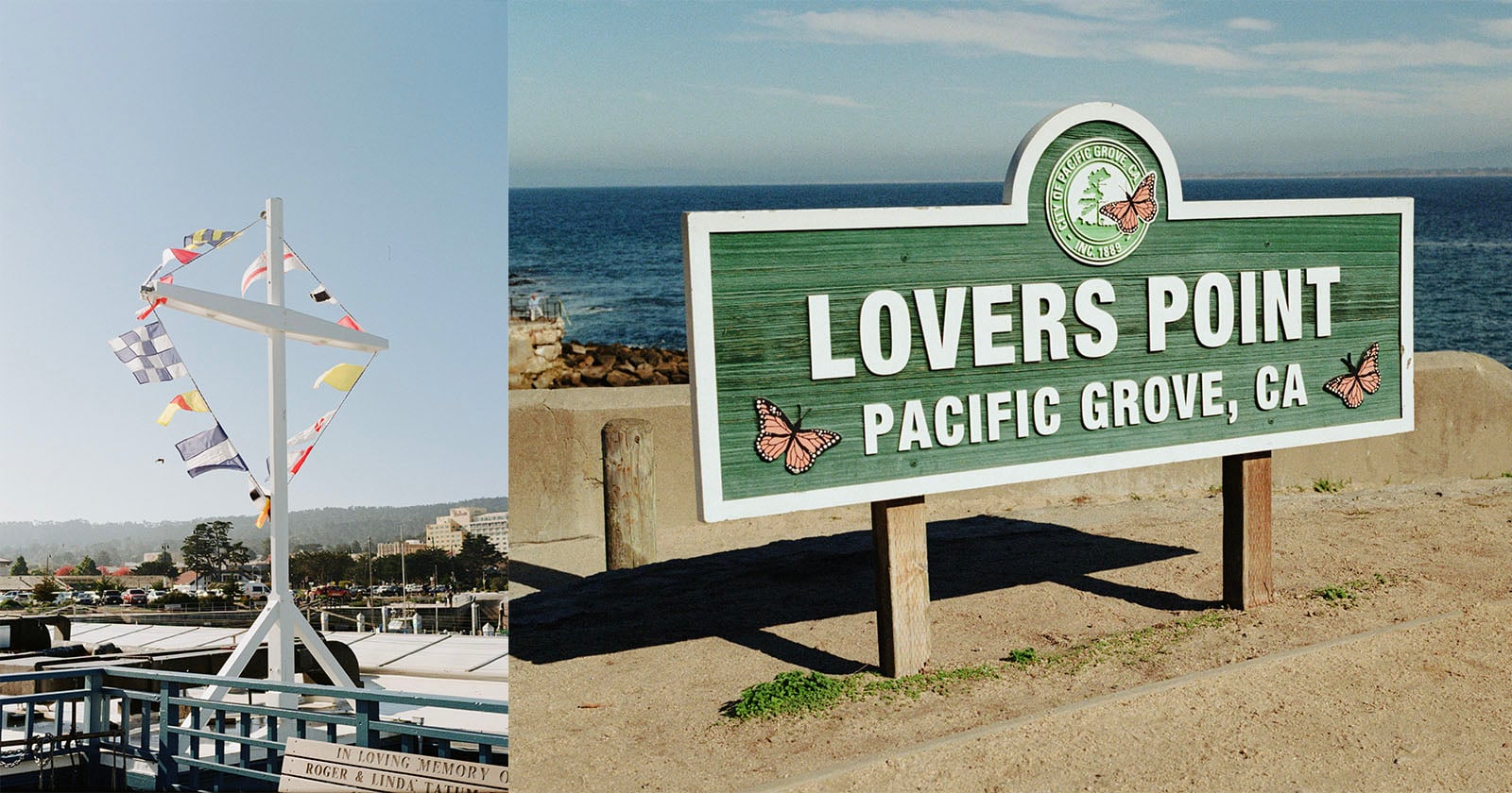 A green and white sign reading "Lovers Point, Pacific Grove, CA" stands near the ocean; next to it is a nautical mast with colorful signal flags at a seaside pier under a clear blue sky.