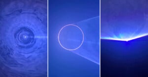 A triptych of abstract blue-toned digital art: the left panel shows a spiral tunnel, the center features a glowing ring intersected by light, and the right displays a glowing line cutting through a hazy blue background.