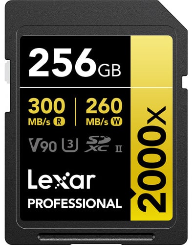 Tarjeta SD Lexar Professional 2000x, 256 GB de capacidad, velocidad de lectura 300 MB/s, velocidad de escritura 260 MB/s. La tarjeta muestra los símbolos V90, U3 y SDXC II en las etiquetas negra y amarilla.