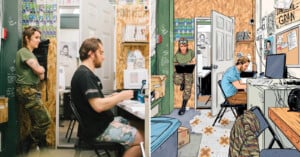 A split image shows a man working at a desk while a woman stands nearby; the left side is a photo, and the right side is a detailed, colorful illustration of the same scene in a small, cluttered room.