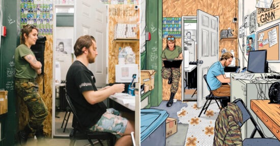 A split image shows a man working at a desk while a woman stands nearby; the left side is a photo, and the right side is a detailed, colorful illustration of the same scene in a small, cluttered room.