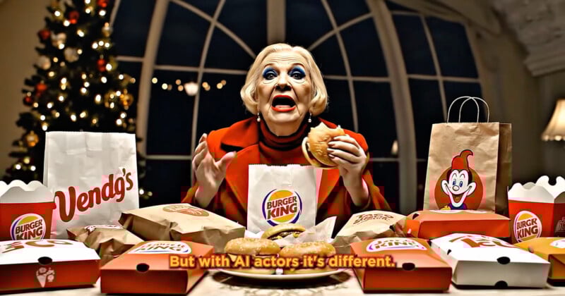 An older woman with dramatic makeup and a red outfit holds a burger at a table full of fast food from Burger King, Jollibee, and Wendy's. Text at the bottom reads, "But with AI actors it's different.