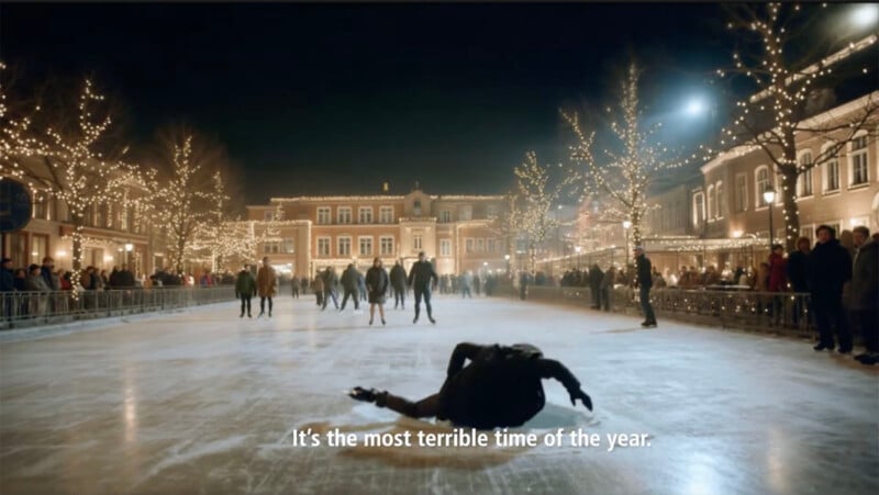 Por la noche, alguien se cayó en la pista de patinaje al aire libre, rodeado de patinadores y espectadores. Los árboles y edificios están decorados con luces navideñas. El texto de la imagen dice: "Esta es la época más aterradora del año.