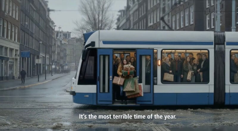 Un tranvía lleno de gente está estacionado en una calle mojada y nevada. En el interior se agolpaba gente con bolsas de la compra, mientras salía una mujer con regalos. La escena era sombría y el título decía: "Esta es la época más aterradora del año.