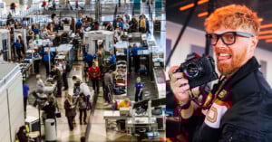 A split image: on the left, travelers and TSA agents are at a busy airport security checkpoint; on the right, a smiling man with glasses holds a camera and poses for the photo.
