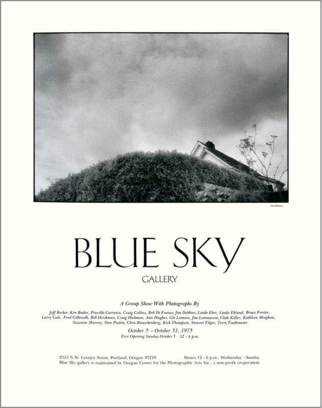 Poster for a photography exhibit at Blue Sky Gallery shows a black and white photo of a grassy hill with plants and birds against a cloudy sky. Exhibit details and participating photographers are listed below.