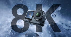 A rugged action camera with water droplets around it, set against a dramatic blue background with large "8K" text behind, highlighting its 8K video recording capability.