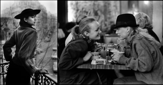 A black-and-white photo collage: on the left, a woman in stylish 1940s clothing and hat stands on a balcony; on the right, two women in fashionable coats laugh together at an outdoor café table.