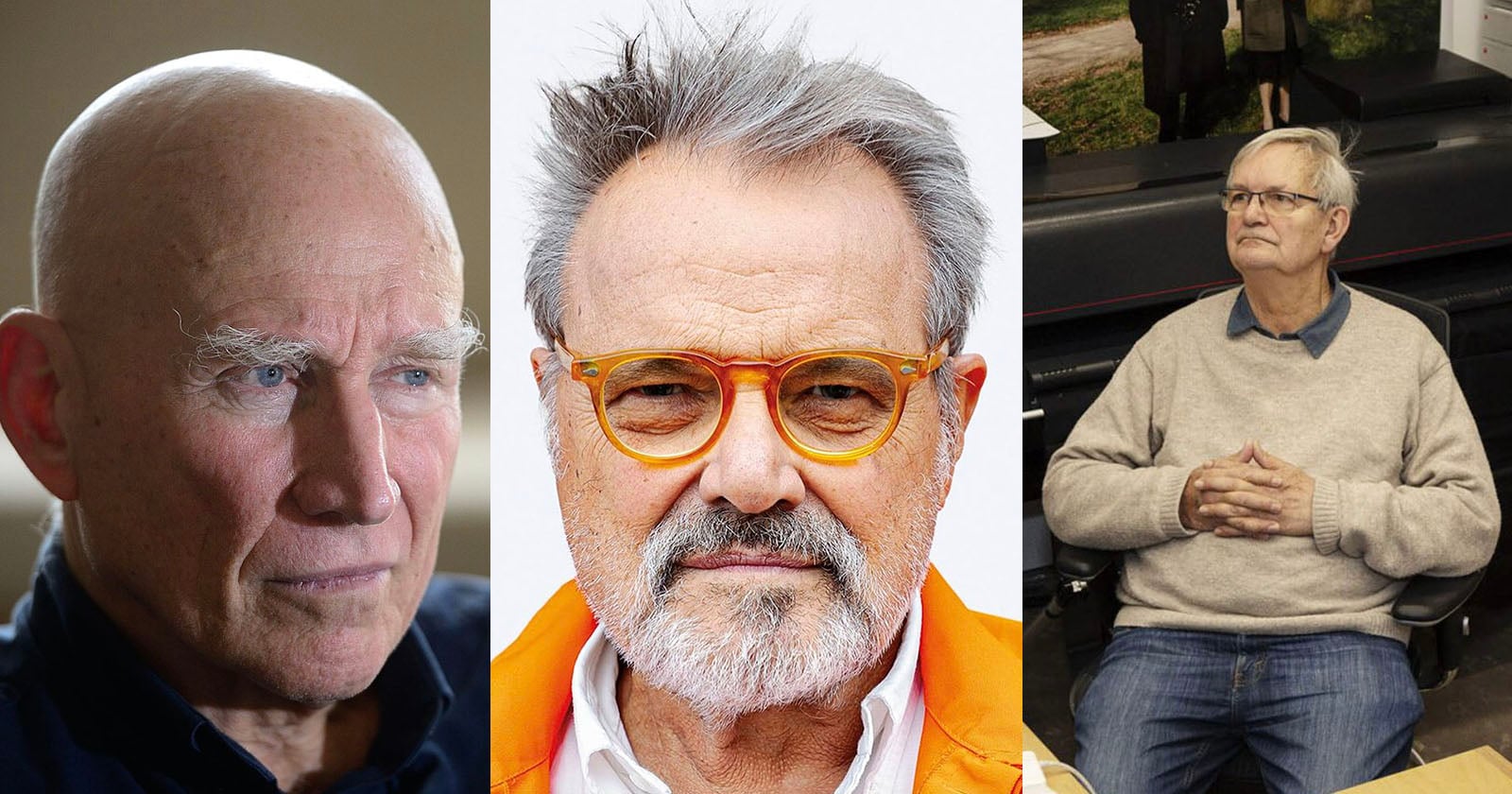 Three older men; the first is bald and gazing to the side, the second has gray hair, a beard, orange glasses, and an orange jacket, and the third has gray hair, glasses, and is sitting with hands clasped.