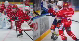 Two action shots from an ice hockey game: on the left, a player in a red uniform skates with the puck; on the right, two players, one in red and one in white, battle for the puck along the boards.