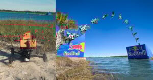A rig with three iPhones on a tripod is set up on a sandy shore. In the background, a motorcyclist jumps over water using a Red Bull ramp, shown in a composite sequence of multiple jump stages.