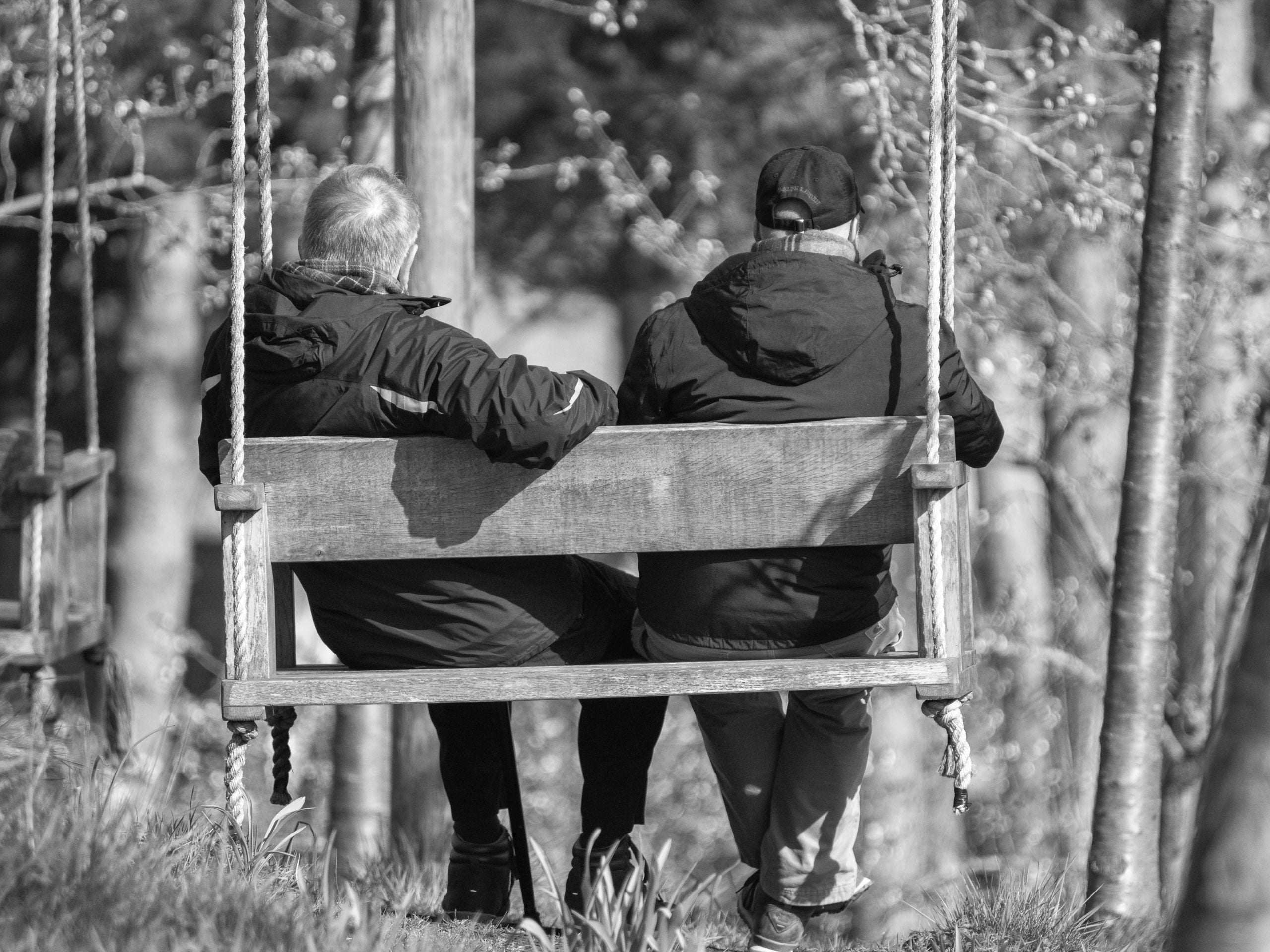 Dos hombres con chaquetas se sientan uno al lado del otro en un columpio de madera al aire libre, de espaldas a la cámara. El telón de fondo de árboles y luz del sol crea una atmósfera tranquila y relajante.