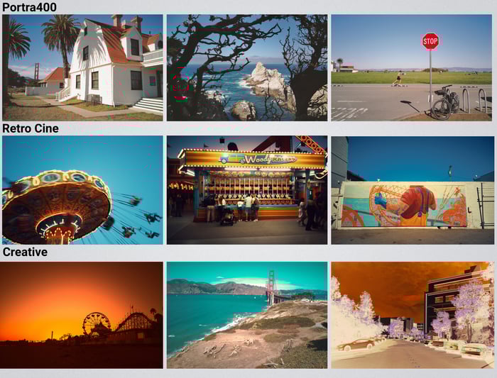Un collage de nueve fotografías, cada una con un filtro de color único. Las imágenes incluyen casas, costa, señales de alto, atracciones de carnaval, murales, puestas de sol y el puente Golden Gate, dividido en "Portela 400," "cine retro," y "creativo" parte.