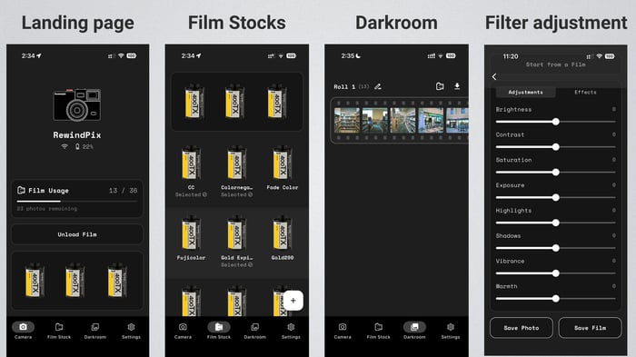 Cuatro pantallas de teléfonos inteligentes muestran una aplicación de fotografía: página de inicio, opciones de stock de películas, carrete de fotos en el cuarto oscuro y controles deslizantes de ajuste de filtros para contraste, exposición, luces, sombras, brillo y saturación.