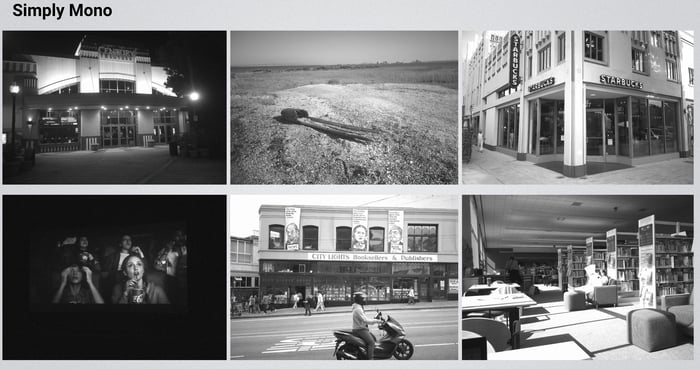 Un collage de seis fotografías en blanco y negro: una sala de cine con luces de noche, un tronco en la playa, un Starbucks en la esquina, gente viendo una película, el exterior de una librería y el interior de una biblioteca moderna.