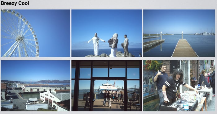 Un collage de seis fotografías de un cielo azul brillante: una noria, una estatua junto al agua, un muelle, un paseo marítimo de la ciudad, personas mirando un barco en el interior y dos personas sonriendo en un mercado de arte callejero al aire libre.