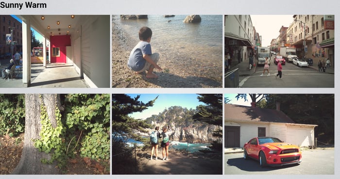 Un collage de seis escenas soleadas y cálidas: una puerta roja, niños junto al lago, niños caminando por una calle de la ciudad, vegetación frondosa junto a un árbol, excursionistas junto al mar y un auto deportivo rojo y amarillo junto a un edificio blanco.