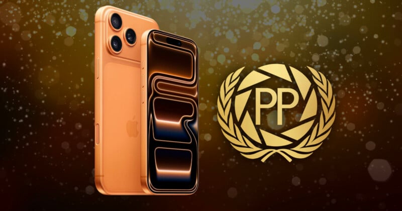 Two orange iPhones are displayed upright on a sparkling brown and gold background next to a gold laurel wreath with the letters “PP” in the center.