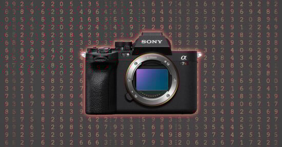 A Sony Alpha camera with its lens removed is centered against a dark background filled with red and white numbers arranged in rows and columns.