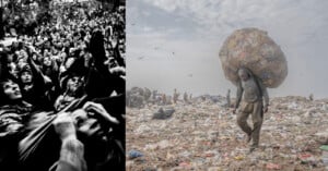 On the left, a black-and-white image shows a crowd of distressed people reaching out. On the right, a person walks through a landfill carrying a large sack of waste on their back, surrounded by trash and birds under a cloudy sky.