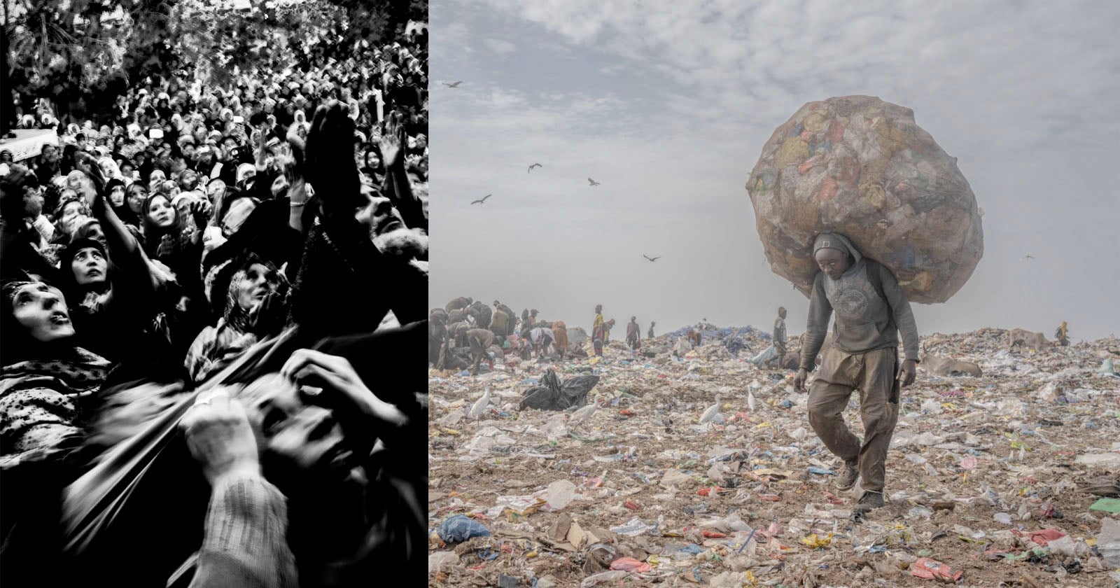 On the left, a black-and-white image shows a crowd of distressed people reaching out. On the right, a person walks through a landfill carrying a large sack of waste on their back, surrounded by trash and birds under a cloudy sky.