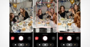 Three women sit on a couch at a festive party with food and drinks, raising glasses for a toast. The image shows a phone camera interface capturing the moment, with confetti and balloons in the background.