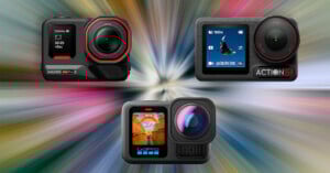 Three action cameras are displayed against a colorful, blurred background: Insta360 Ace Pro (top left), DJI Osmo Action 4 (top right), and GoPro Hero 12 Black (bottom center).