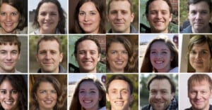 A grid of 20 headshots featuring a diverse group of men and women, all smiling and posed outdoors or in natural light, with various backgrounds including greenery, beaches, and blurred scenery.