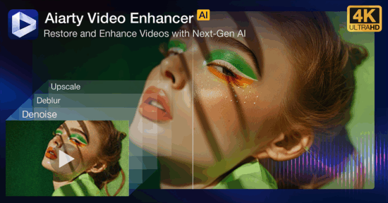 Promotional image for Aiarty Video Enhancer AI, showing a woman with colorful eye makeup and graphical overlays for “Upscale,” “Deblur,” and “Denoise.” Text mentions 4K Ultra HD and “Restore and Enhance Videos with Next-Gen AI.”.