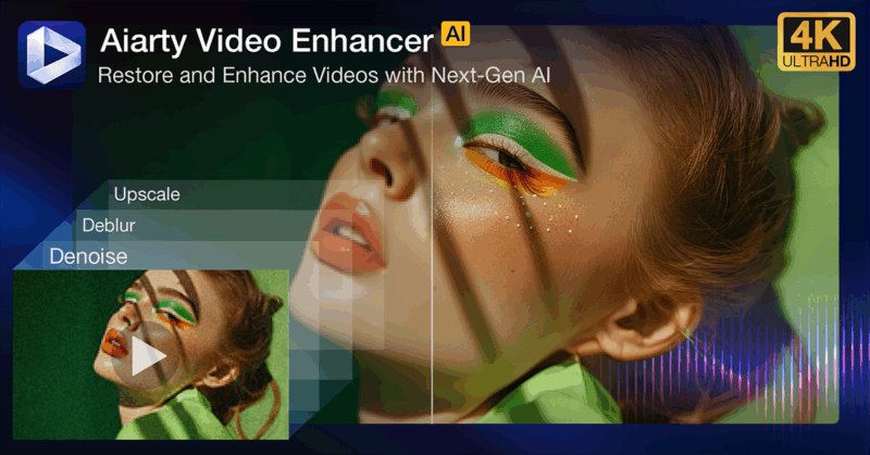 Una imagen promocional de Aiarty Video Enhancer AI, que muestra a una mujer con maquillaje de ojos colorido superpuesto con gráficos 