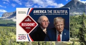 A National Parks pass card features images of George Washington and Donald Trump, with mountains and trees in the background. The card reads "America the Beautiful" and "Resident Annual.