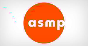 The image shows the lowercase white letters "asmp" centered inside a large, solid orange circle on a light gray background.