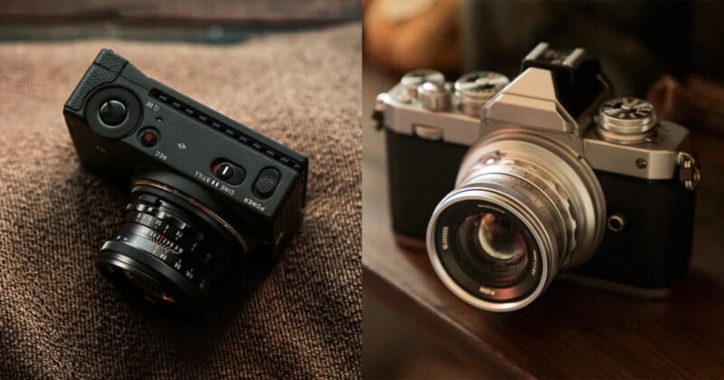 Two vintage-style cameras are shown side by side on a brown background; the left camera is compact and black with dials on top, while the right is a larger, silver and black camera with a classic design and prominent lens.