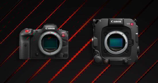Two Canon EOS cinema cameras without lenses are displayed side by side against a black background with red diagonal lines. The camera on the left is more compact, while the one on the right is larger and boxier.