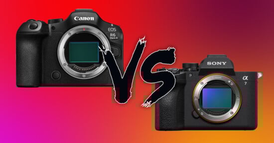 A Canon EOS R6 Mark II camera and a Sony Alpha 7 camera are shown side by side with a bold "VS" in the center, set against a red and purple gradient background.