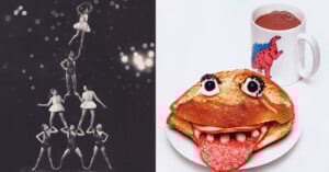 On the left, six women in leotards perform a human pyramid. On the right, a sandwich with olive eyes and a salami tongue resembles a face, placed next to a mug with a dinosaur design and hot chocolate.